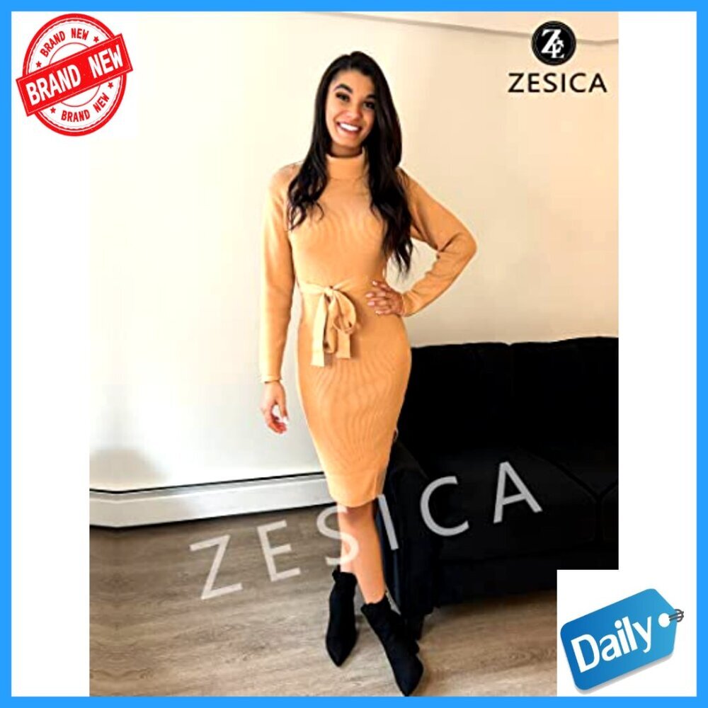 Long Sleeve Turtleneck Sweater Dress Midi Bodycon Ribbed Knit Belted - Picture 5 of 7